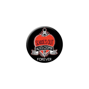 Alice Cooper "School's Out Forever" banner black background red heart 1.25" metal pinback button