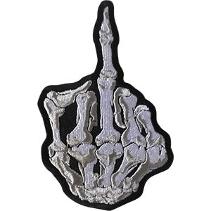 grey on black skeleton hand "fuck you" finger gesture 2 1/2" x 4" embroidered patch