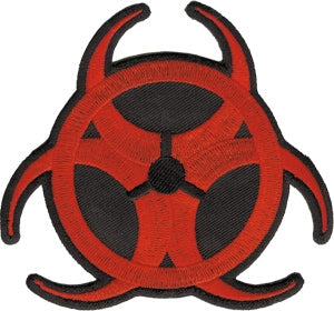 deep red on black Biohazard symbol 3" x 2 3/4" embroidered patch