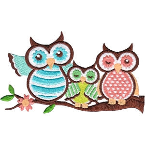 three pastel multicolor 60s retro owls perched on flowering tree branch 4.5" embroidered patch