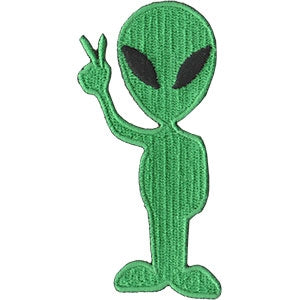 bright green 3.25" standing alien flashing the peace sign embroidered patch