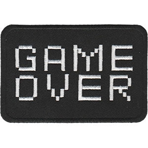 Black rectangular 3.5" x2.5" patch with white embroidered video game font "GAME OVER"
