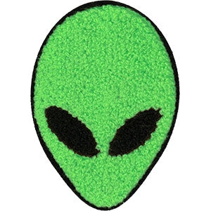 Letterman's jacket type fuzzy chenille embroidered lime green alien face patch