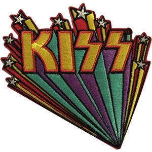 3 5/8" Kiss Logo Band embroidered patch with white stars and yellow, red, purple & turquoise 3-D effect lettering