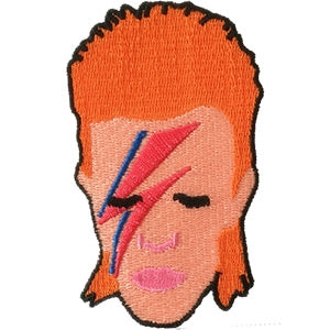 muted orange pink tones 4 1/8" David Bowie face "Aladdin Sane" image embroidered patch