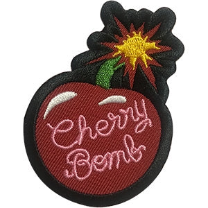 "Cherry Bomb" pink text on red cherry with lit fuse green stem embroidered patch