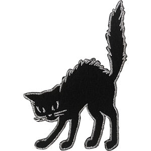 arched back black cat standing side view 4 5/8" embroidered patch black felt with metallic silver stitched outline and details