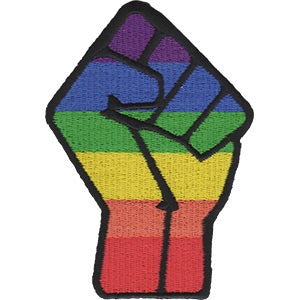 Rainbow Pride flag pattern on clenched fist hand 3.5" embroidered patch