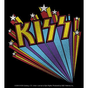 4.5" x 5" Kiss Logo Band vinyl sticker with white stars and yellow, red, purple & turquoise 3-D effect lettering