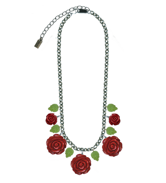 5 red resin rose alternating with 6 green glass leaf pendants on 17" silver plated chain necklace