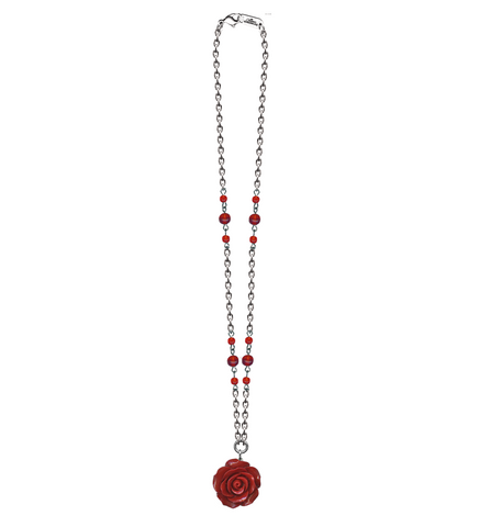 1"  red resin rose pendant on 17" silver plated chain necklace with round red glass beads