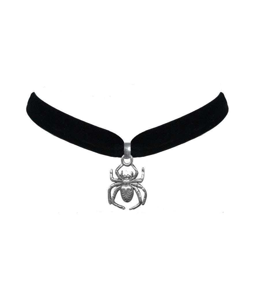 silver metal spider charm on black velvet choker necklace