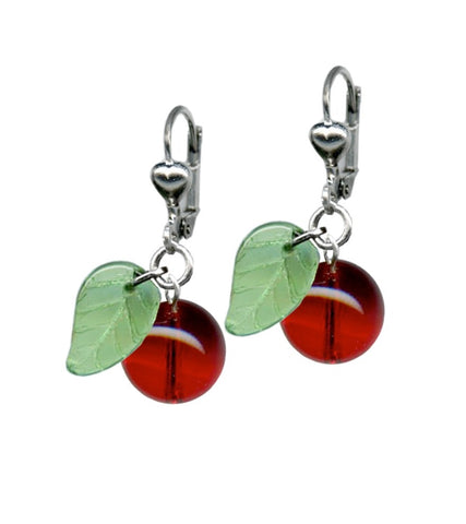 Lever back dangle earrings with red glass bead charm and leaf charm to resemble cherries