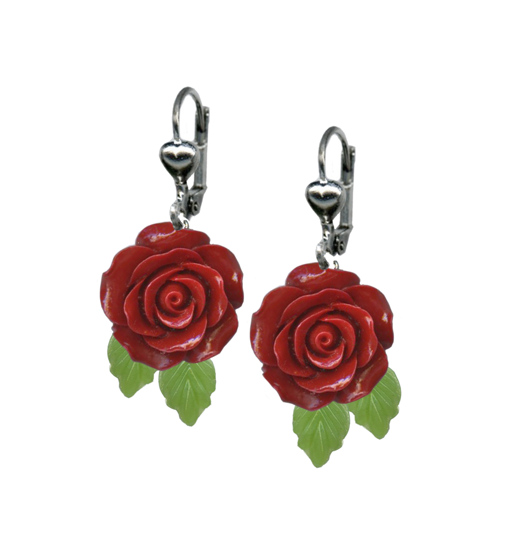 pair 1" red resin rose and green glass leaf dangle earrings on silver-plated metal lever-back hooks