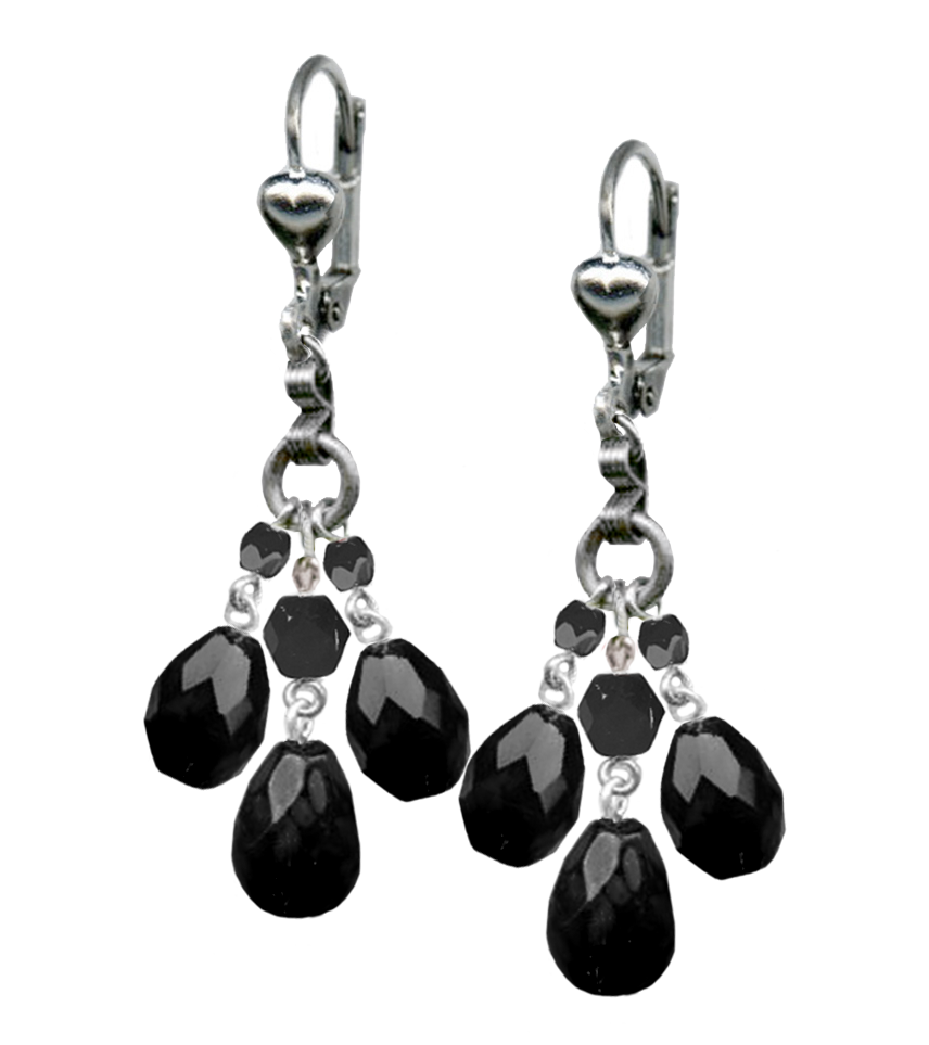 pair 1 7/8" jet black glass faceted glass bead cluster dangle earrings with French (lever-back) silver metal hooks