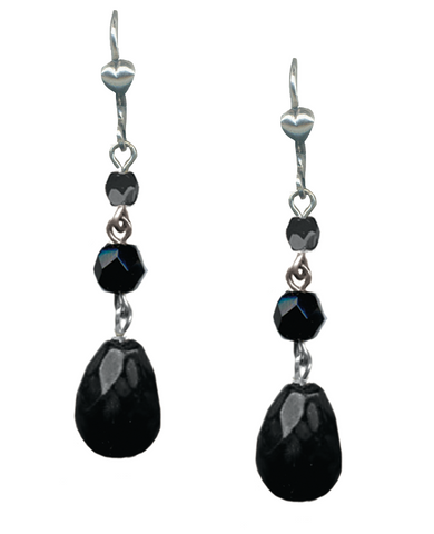 pair 1 1/2" jet black glass faceted glass beads dangle earrings with French (lever-back) silver metal hooks
