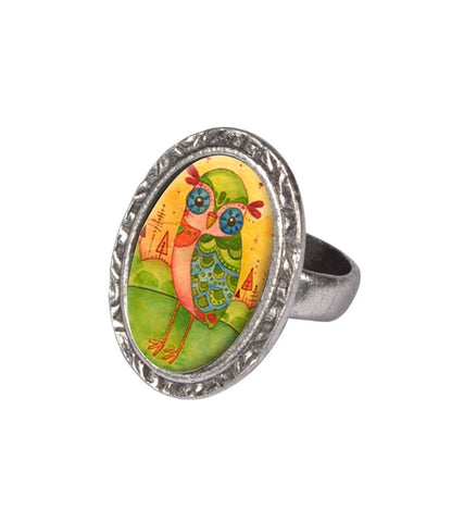Green Owl illustration Victorian Oval Silver plated metal ring