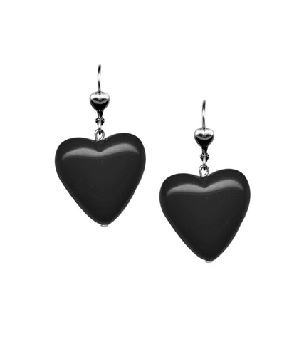 pair 1" black heart Retrolite angle earrings on silver-plated metal lever-back hooks