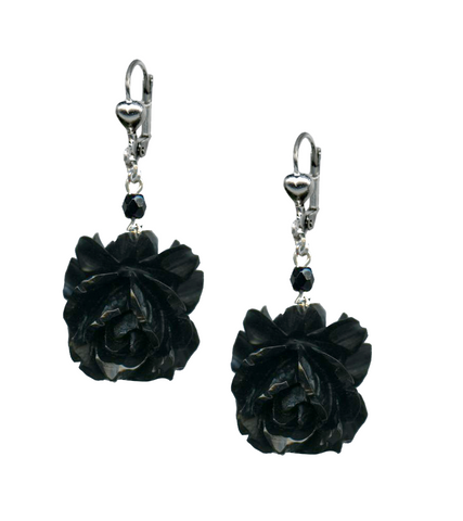 pair 1" black hand-poured "Retrolite" polyresin rose and faceted black bead dangle earrings on silver-plated metal lever-back hooks