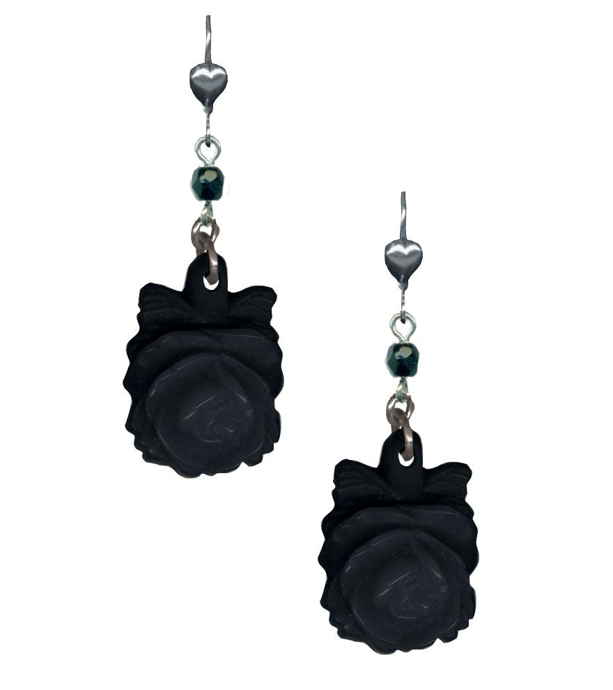 pair 1" black resin rose and faceted black glass bead dangle earrings on silver-plated metal lever-back hooks