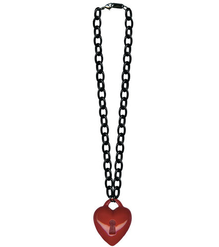 Red Retrolite 1.75" heart with keyhole pendant necklace on bold 17" black plastic chain.