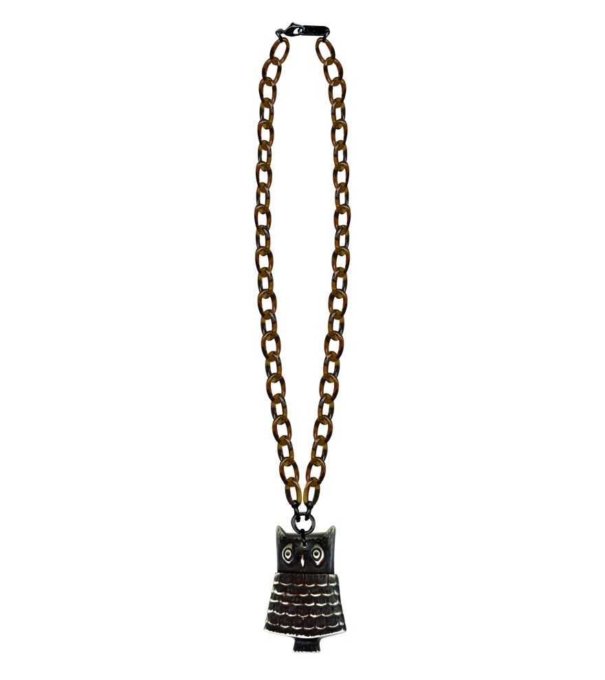 distressed brown & ivory Retrolite 2 1/8" stylized owl pendant on 17" tortoiseshell plastic link chain