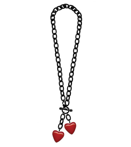 pair bright red Retrolite heart pendants on 17" black plastic chain with front toggle closure