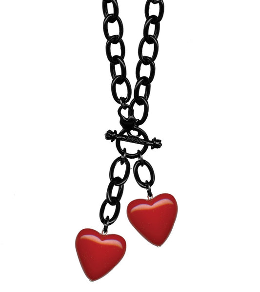 pair bright red Retrolite heart pendants on 17" black plastic chain with front toggle closure