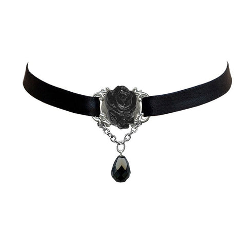black retrolite rose with black faceted bead gem drop on velvet choker necklace