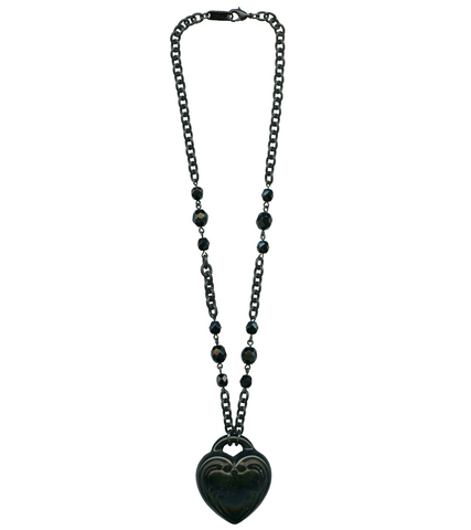 1 5/8" black heart retrolite pendant on 17" black metal chain with faceted black glass beads