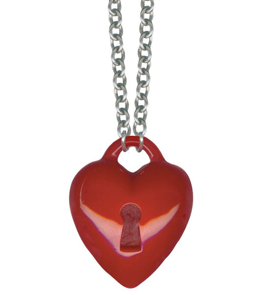 Red Retrolite 1.75" heart with keyhole pendant necklace on 17" chunky silver-plated chain