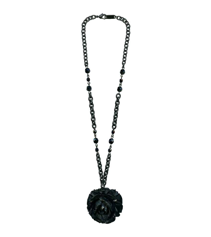 1.75" black resin rose pendant faceted black glass beads on 17" black metal chain necklace