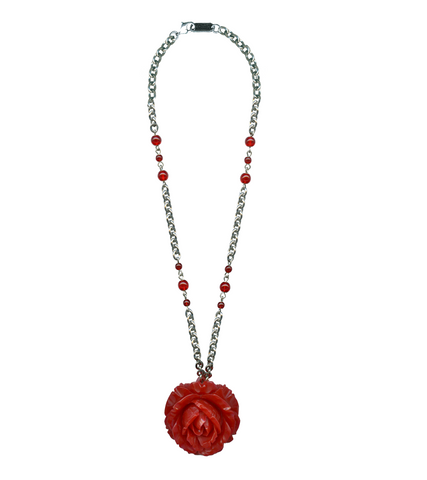 1.75" red resin rose pendant red glass beads on 17" silver plated chain necklace