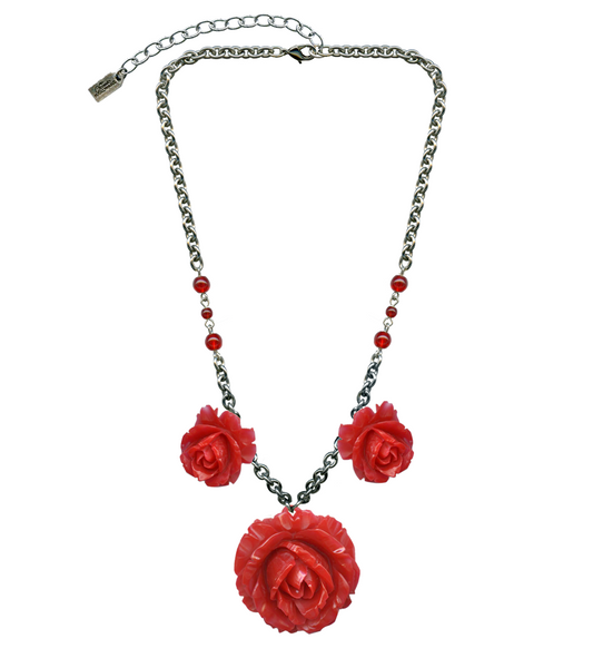 3 red resin rose pendants red glass beads on 21" silver plated chain necklace