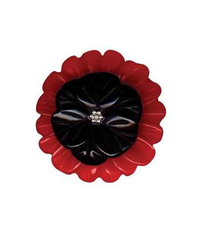1 7/8" round red & black layered polyresin multi-petal flower brooch silver metal center