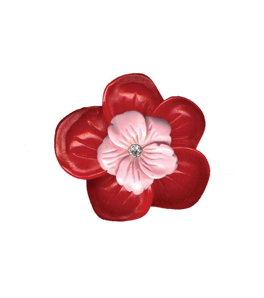 1 7/8" round red pale dusty pink layered polyresin multi-petal flower brooch clear rhinestone center