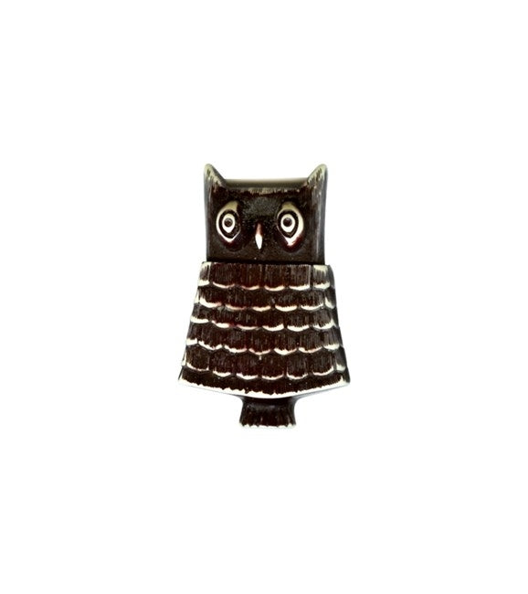 2 1/8" stylized angular 60s owl Retrolite pin brooch distressed brown & ivory finish