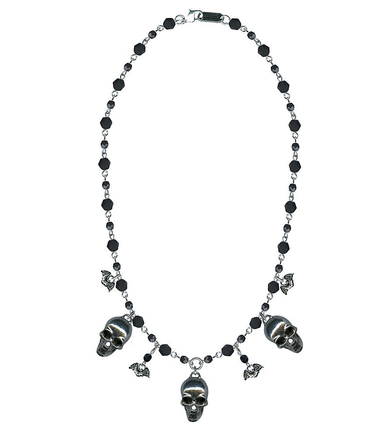 antiqued pewter alternating skull and bat charms on black faceted glass bead and silver metal link 17" chain necklace