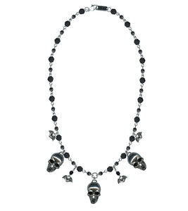 antiqued pewter alternating skull and bat charms on black faceted glass bead and silver metal link 17" chain necklace
