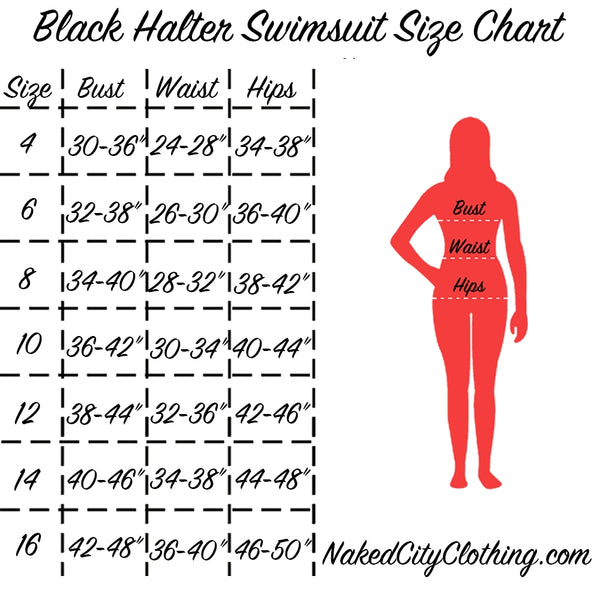 "Black Halter Swimsuit Size Chart" info graphic
