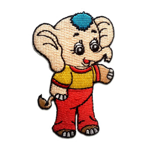 An embroidered patch of a smiling cartoon elephant who is standing on its hind legs and wearing a pair of pants and shirt in bright red and yellow