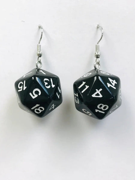 A pair of black resin 20-sided icosahedron shaped dice as dangle earrings