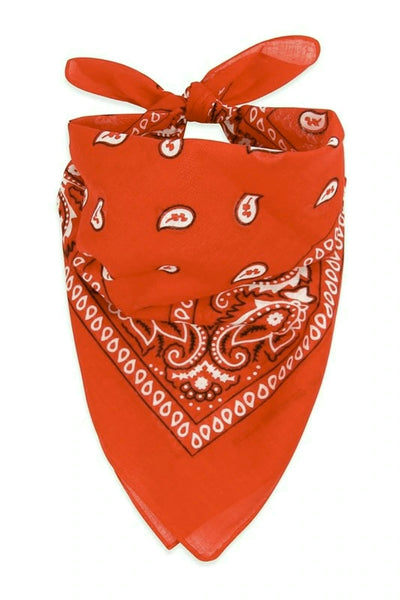 100% Polyester 21” square classic bandana in orange with white paisley print, shown folded diagonally and tied to be worn bandit style