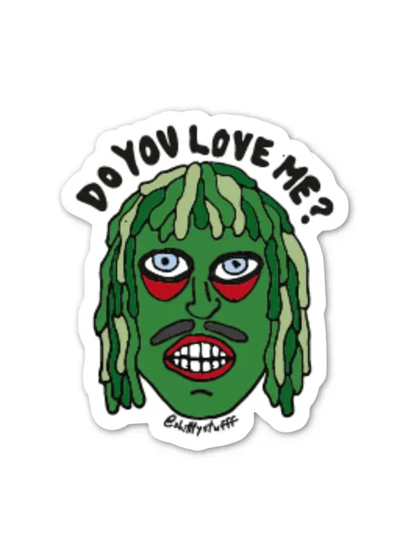 Die-cut vinyl sticker of Old Gregg from The Mighty Boosh with the message “DO YOU LOVE ME?”