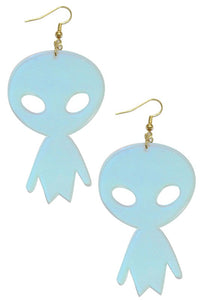 A pair of acrylic iridescent blue aliens with large heads as a pair of dangle earrings 