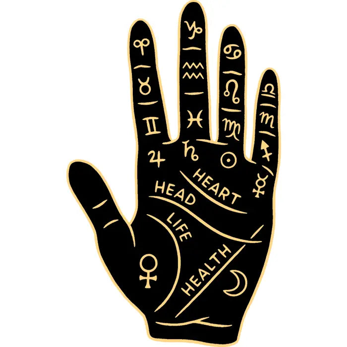 A black and pale golden colored hand decorated with palmistry symbols as a die-cut vinyl sticker