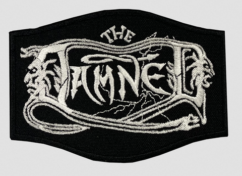 The Damned logo for 1980 The Black Album white embroidery on black canvas patch