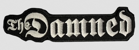 The Damned logo white embroidery on black canvas patch