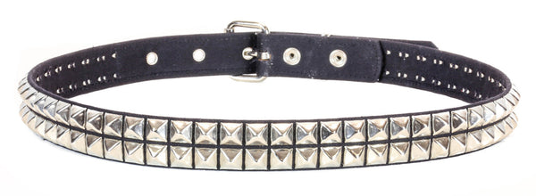 1/4” wide canvas belt in classic black with 2 rows of 1/2" silver metal pyramid studs. Seen from the back