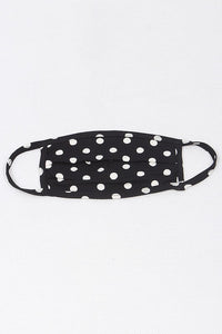black with creamy white polka dot print poly/cotton blend knit face mask with self ear loops